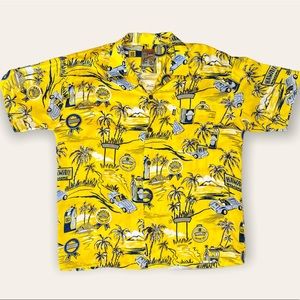 Vintage Hawaiian Button Down Shirt Yellow Blue Cars Gasoline Tropical Size Small
